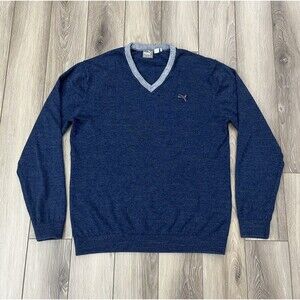 Puma Sweater Mens Medium Wool Blend Pullover Knit V-Neck Logo Blue Long Sleeve
